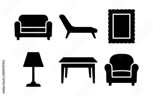 Silhouette furniture set: sofa, lounge chair, lamp, table, wall art