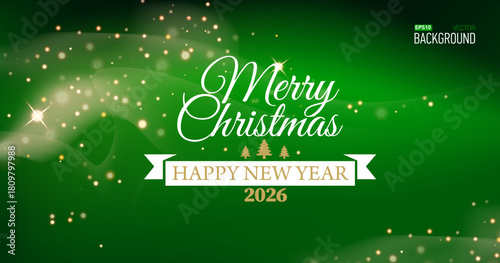 2026 Happy New Year card illustration with magic festive background. Vibrant bokeh lights. Vector Holiday Season Design with Christmas greetings typography lettering.