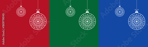 Abstract editable stroke vintage christmas baubles set with snowflake decoration on red, green, blue backround. Balls with iceflake to use for christmas card, xmas, winter holiday, new year projects. 