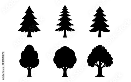Nature tree silhouettes collection: pine and oak variations in black