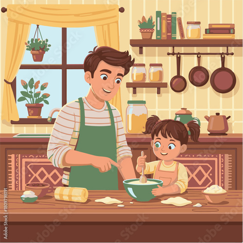 A father and daughter are baking together in a cozy kitchen, the daughter stirring a bowl while the father points and smiles.