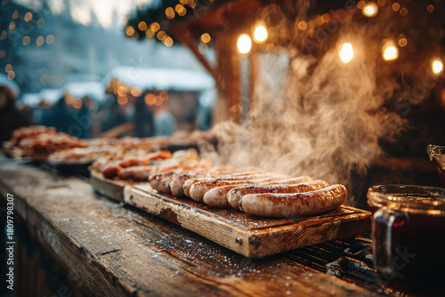 German Christmas market food stall serving grilled bratwurst and mulled wine, steam rising into the cold winter air, warm lighting against snowy surroundings