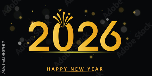 Golden 2026 New Year celebration banner with fireworks and bokeh lights