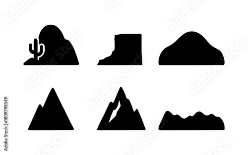 Silhouette mountain and desert icon set with cactus and peaks