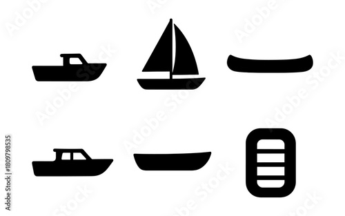 Collection of boat and canoe silhouettes in black minimalist style
