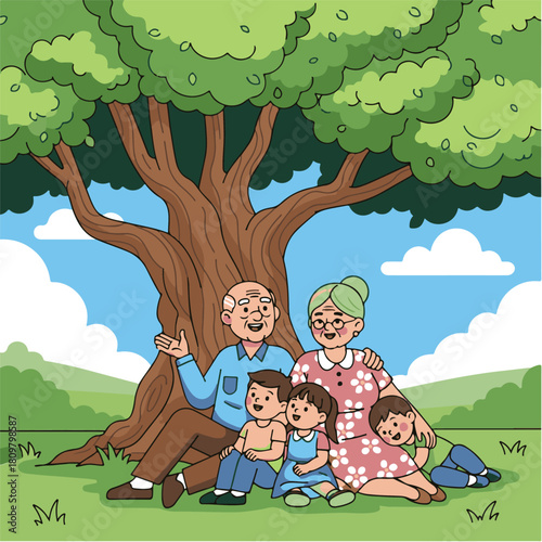 A happy family, including grandparents and grandchildren, sits together under a large, leafy tree on a sunny day in a grassy field.