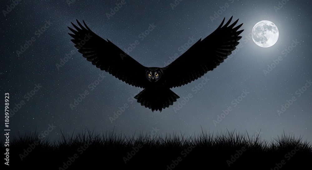 Obraz premium Owl Flying Under Full Moon at Night with Stars and Dark Sky