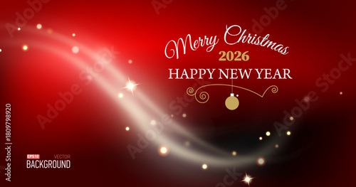 2026 Happy New Year card illustration with magic festive background. Vibrant bokeh lights. Vector Holiday Season Design with Christmas greetings typography lettering.