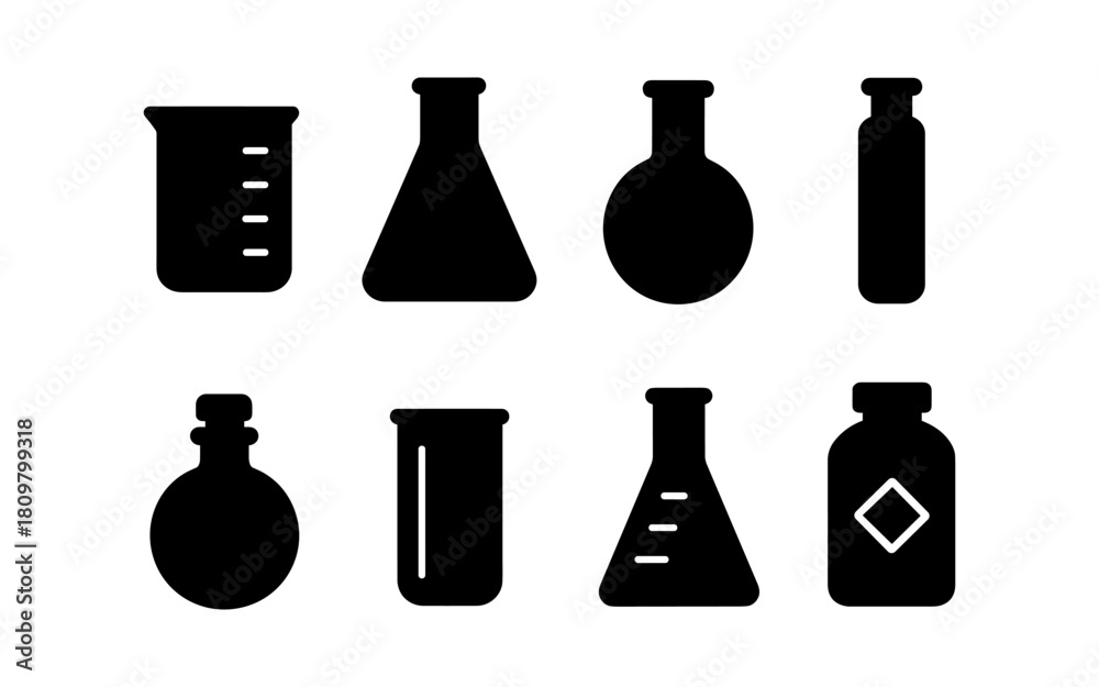Fototapeta premium Set of chemistry silhouette icons featuring various laboratory glassware