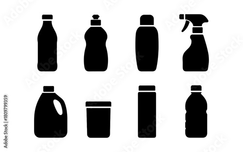 Silhouette set of household cleaning and beverage bottles