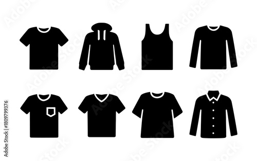 Silhouette icons of various clothing types including t-shirts and hoodies