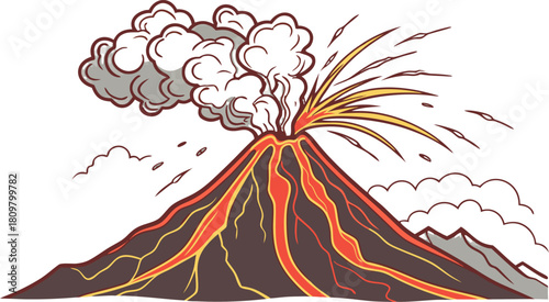 Erupting volcano with lava and ash in high-definition vector, isolated with no background, perfect for disaster, nature, or geology illustrations.