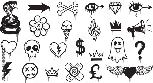 Collection of Melting Grunge Doodle Vector Graphics for T-shirt Design isolated PNG with Transparent Background