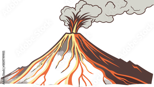 Erupting volcano with flowing lava and dark ash clouds, clean vector design, no background, ideal for nature and geology themes.