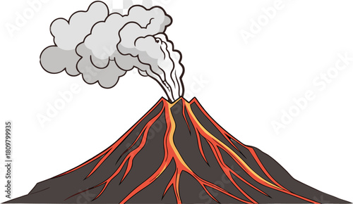 Vector of a volcanic eruption with lava streams and ash plume, isolated on transparent background for disaster, natural forces concepts.