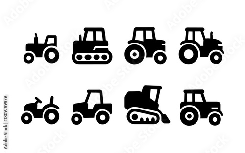 Silhouette set of farming equipment with diverse tractor icons