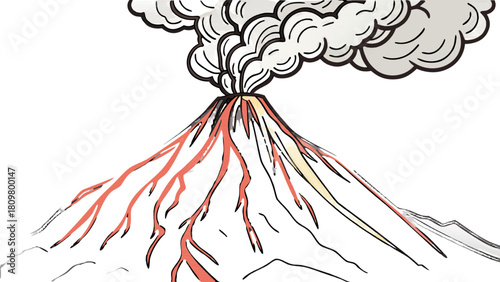 Vector of an erupting volcano with lava spewing and ash billowing into the sky, no background, isolated for natural disaster graphics.