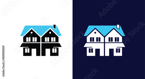 Two houses with blue roofs on dark background - Vector icon symbol for website - Icon vector - Blue icon vector - Line and glyph solid icon and logo template