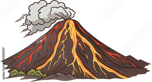 Isolated erupting volcano with lava flowing and ash cloud rising, high-resolution vector design with no background, ideal for disaster and nature themes.