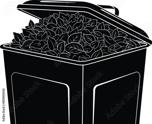 Full black trash container with leaves, recycling, and waste management