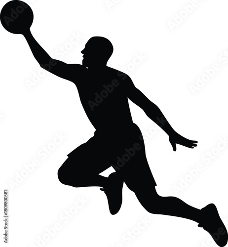 Powerful basketball player dunking silhouette capturing high-energy motion, perfect for sports posters, team branding, fitness graphics, apparel prints, and dynamic athletic design projects.