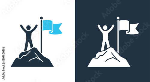 Person celebrating on mountain peak with flag - Vector icon symbol for website - Icon vector - Blue icon vector - Line and glyph solid icon and logo template