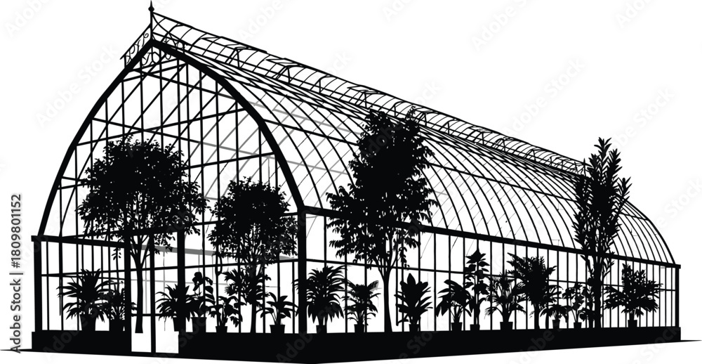 Fototapeta premium Ornate greenhouse silhouette with plants, botanical garden architecture