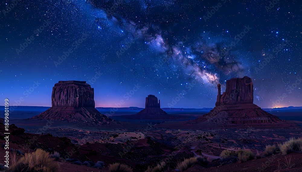 Obraz premium Starry sky over desert landscape with mesas glowing under celestial light, casting long shadows