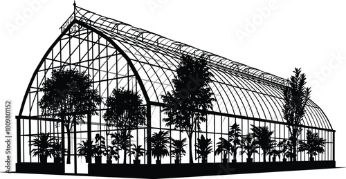 Ornate greenhouse silhouette with plants, botanical garden architecture