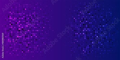 Purple Blue Digital Technology Futuristic Background. Square Pixels Pattern with Lighting Glowing Particles Square Elements. Technology or Science Research Presentation Backdrop. Vector Illustration.
