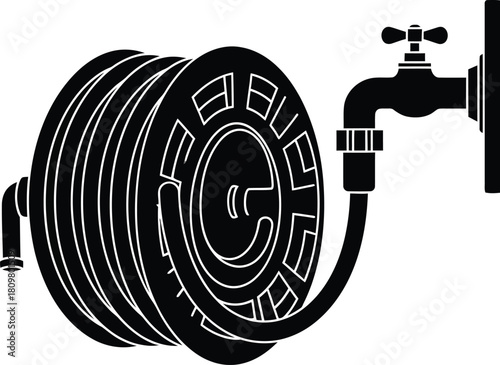 Black garden hose reel with faucet, watering equipment, vector illustration