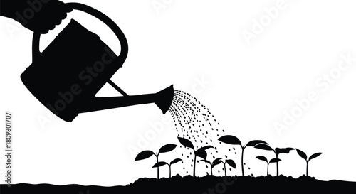 Watering Can Silhouette, Pouring Water on Seedlings, Growth and Nurturing