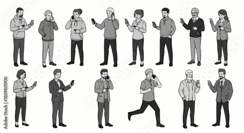 Diverse group of individuals talking and texting on smartphones.