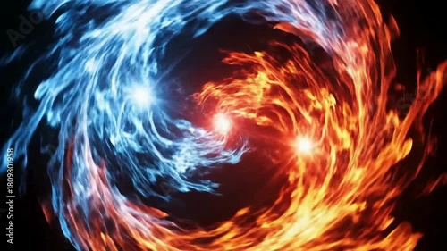Dynamic energy vortex with vibrant fire and ice swirling against a dark backdrop creates a captivating abstract video perfect for visual effects
