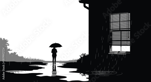 Silhouette of Person with Umbrella in Rain, Window with Blinds