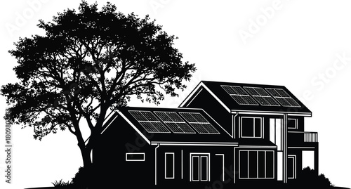Modern House Silhouette with Solar Panels and Tree, Renewable Energy