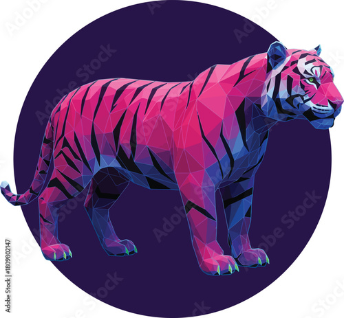 A powerful tiger illustrated with dynamic neon and cyberpunk colors, glowing vibrantly against a bright white background.