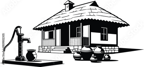 Rustic thatched house with water pump and pottery, rural countryside