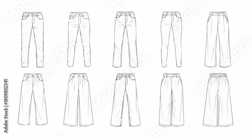 Collection of various denim pants designs in different styles and cuts.