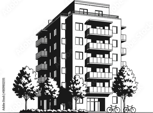 Modern apartment building with trees and bicycles, urban living style