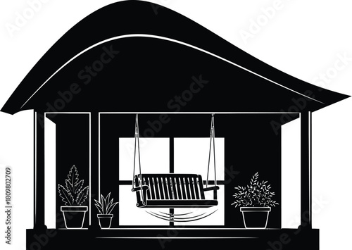 Silhouette of a Porch with Swing and Plants, Home Relaxation Concept