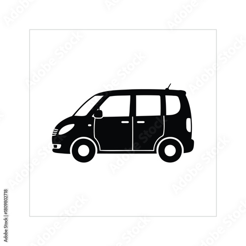 Silhouette of a compact minivan with wheels, windows, and door, isolated on