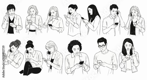Diverse Group of People Engaged with Smartphones, Hand-Drawn Sketch Style.