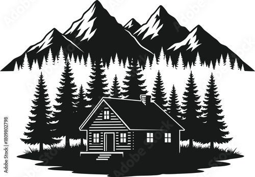 Black cabin silhouette with mountains and trees, nature retreat