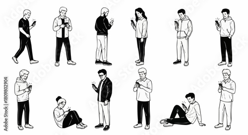 Diverse Group of People Engaged with Smartphones in Various Poses.