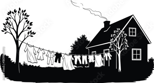 Silhouette of a House with Clothesline, Trees, and Smoke from Chimney