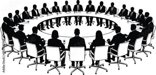 Large group of business people sitting around circular conference table, corporate board meeting silhouettes, strategy and team negotiation.