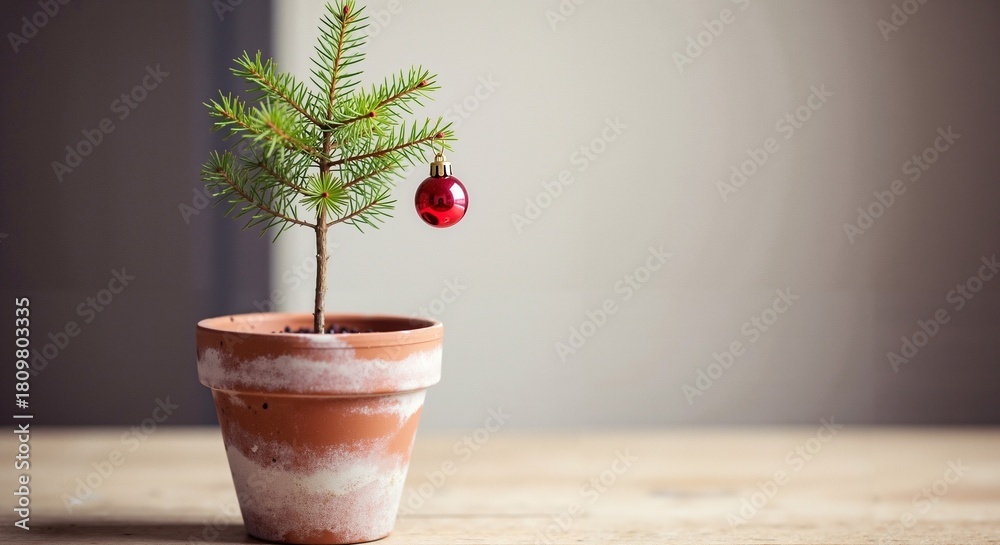 Fototapeta premium Small Christmas tree with red ornament/decoration in clay pot on wooden table 