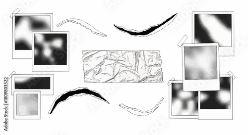 Arrangement of Photos and Paper Scraps in Black and White.