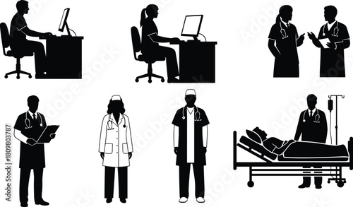 Medical professional silhouettes set, doctors, nurses, surgeons working in hospital, consulting, typing at desk, and examining patient in bed vector.